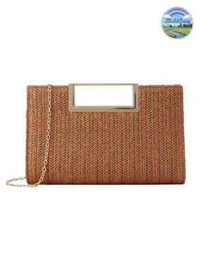 Straw Clutch Top Handle Woven Evening Bag Detachable Chain Crossbody